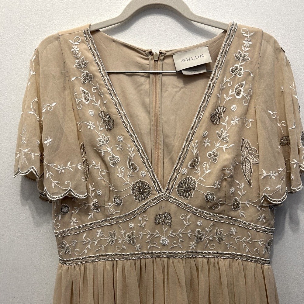 Anthropologie Beige Floral Embroidered Dress